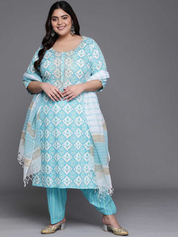 Plus Size Blue Printed Cotton Suit Set - ShopLibas