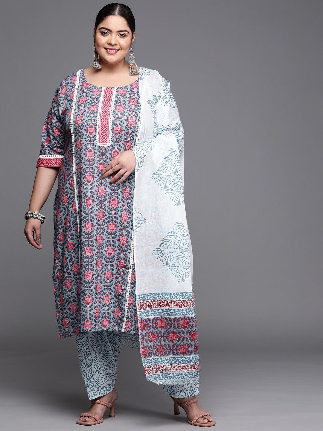 Plus Size Blue Printed Cotton Suit Set