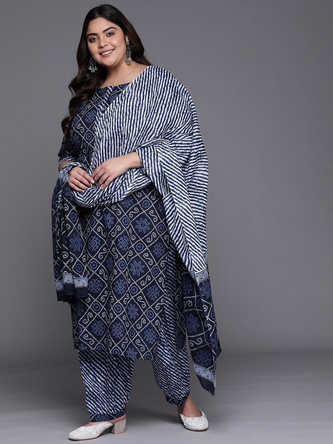 Plus Size Blue Printed Cotton Suit Set