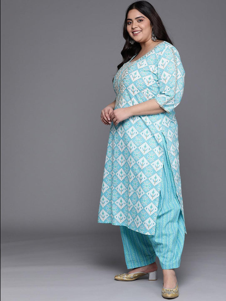 Plus Size Blue Printed Cotton Suit Set - ShopLibas