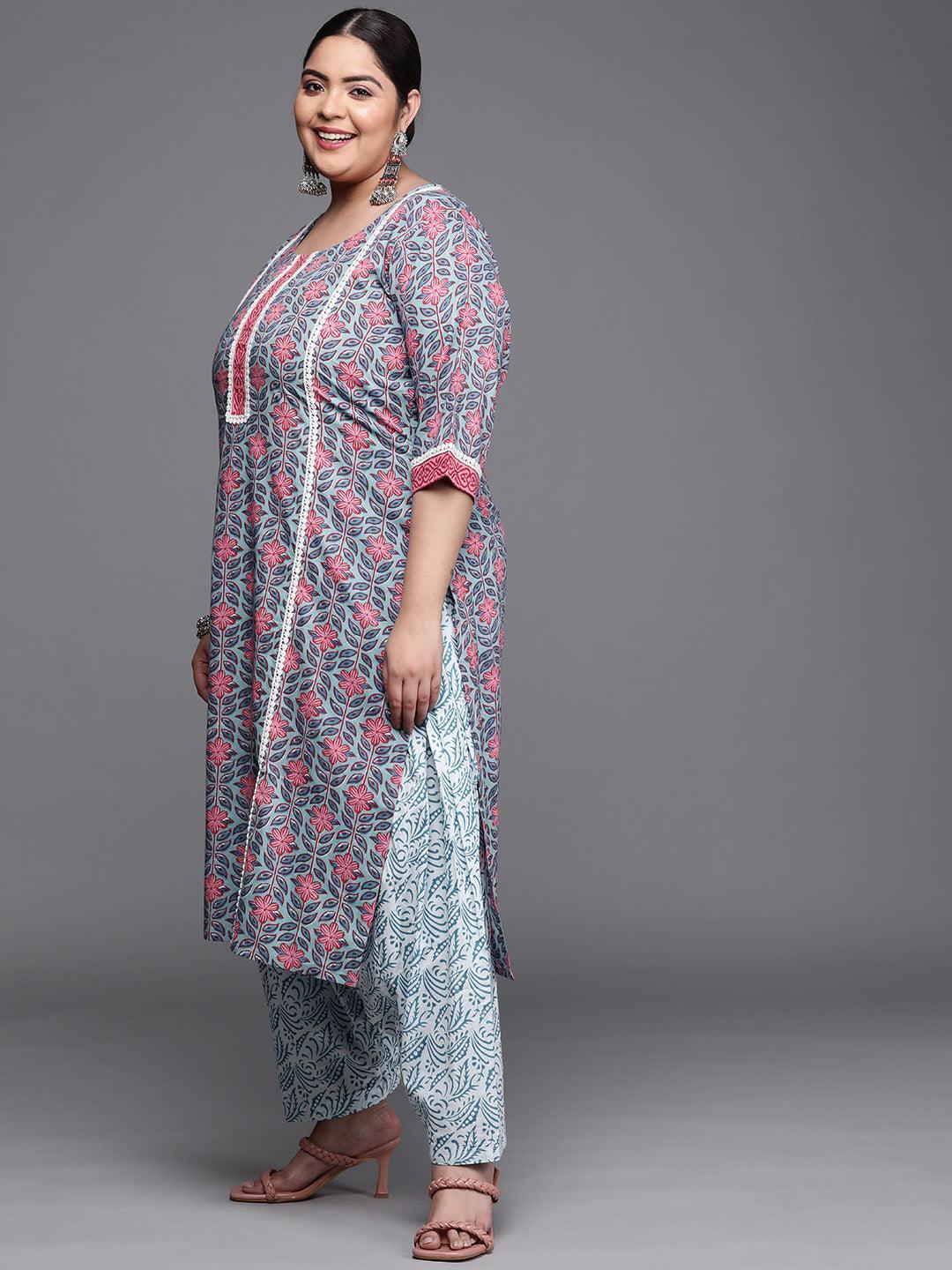 Plus Size Blue Printed Cotton Suit Set