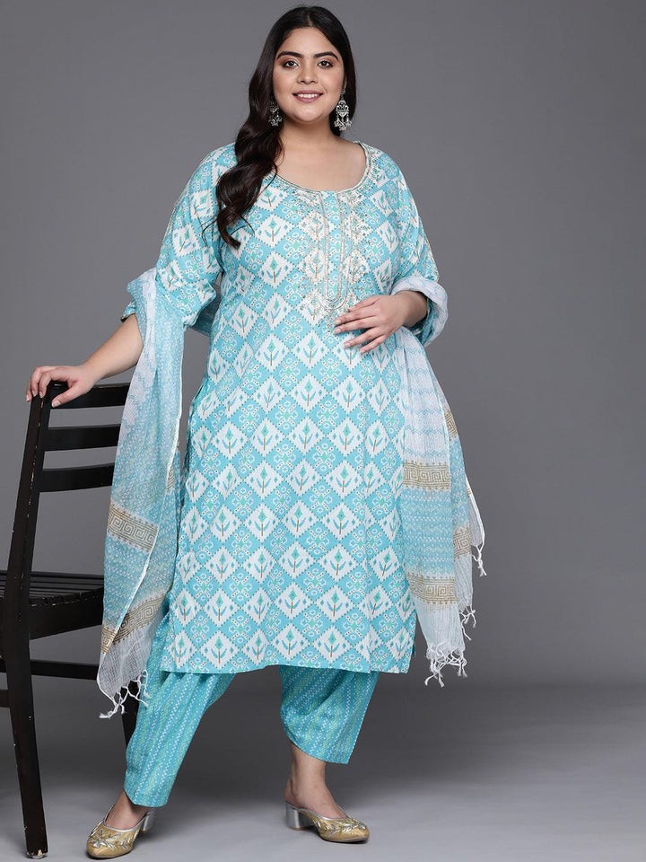 Plus Size Blue Printed Cotton Suit Set - ShopLibas