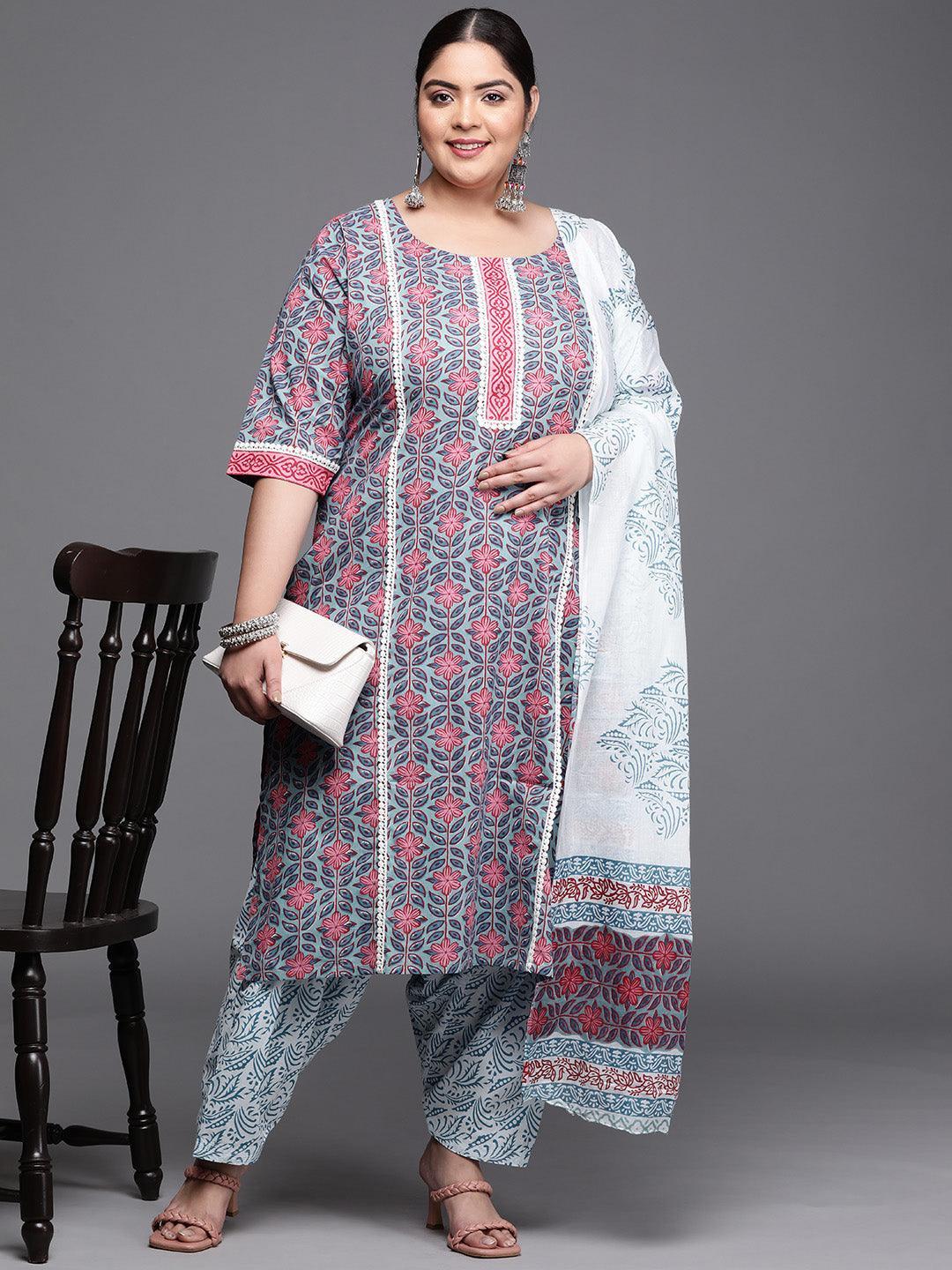 Plus Size Blue Printed Cotton Suit Set