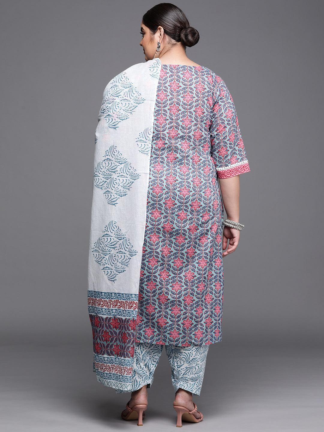 Plus Size Blue Printed Cotton Suit Set