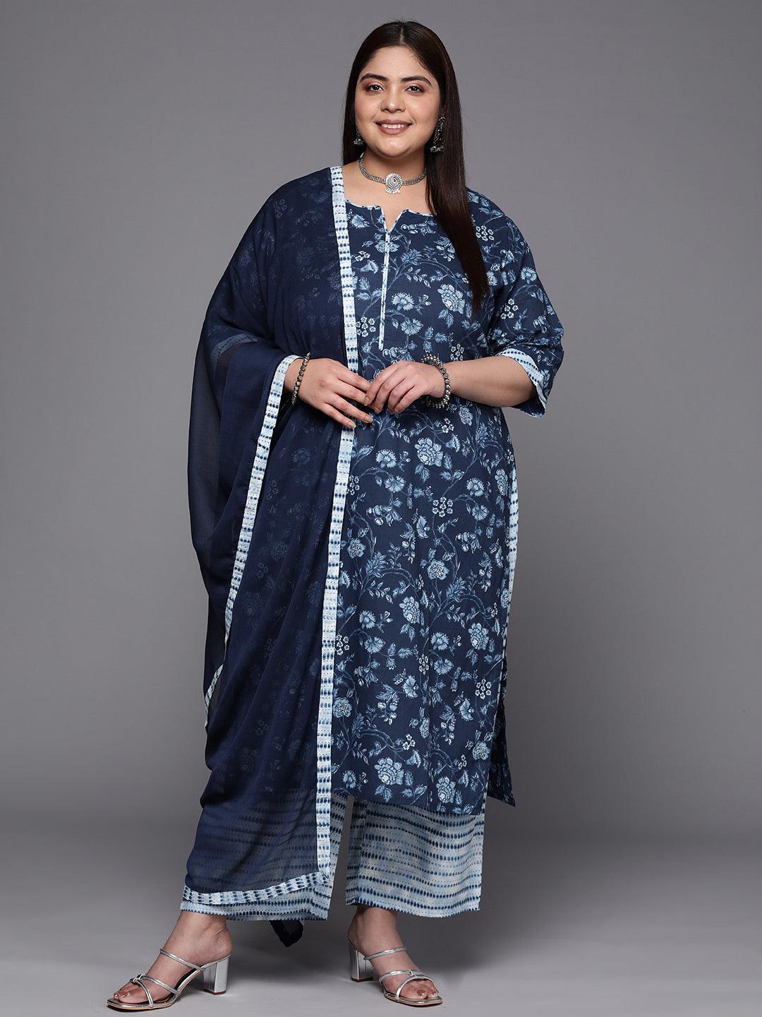 Plus Size Blue Printed Cotton Suit Set With Trousers - ShopLibas