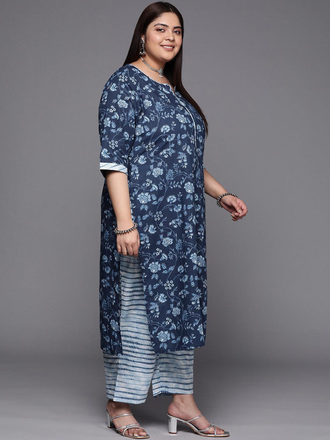 Plus Size Blue Printed Cotton Suit Set With Trousers - ShopLibas