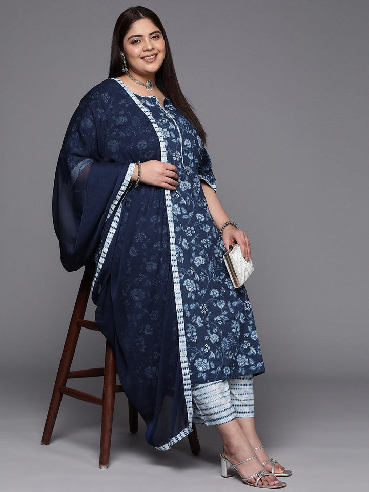 Plus Size Blue Printed Cotton Suit Set With Trousers - ShopLibas