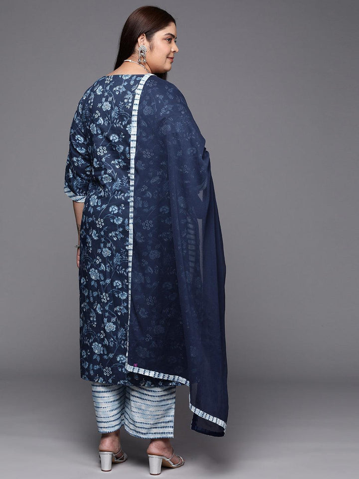 Plus Size Blue Printed Cotton Suit Set With Trousers - ShopLibas