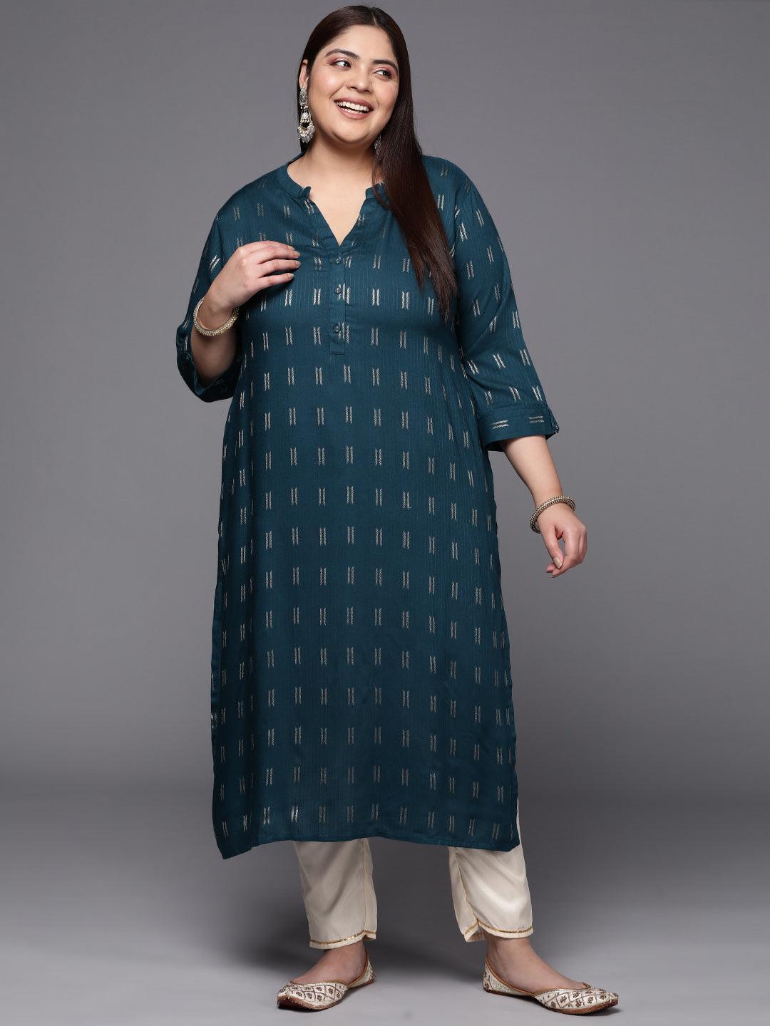 Plus Size Blue Woven Design Rayon Straight Kurta - ShopLibas