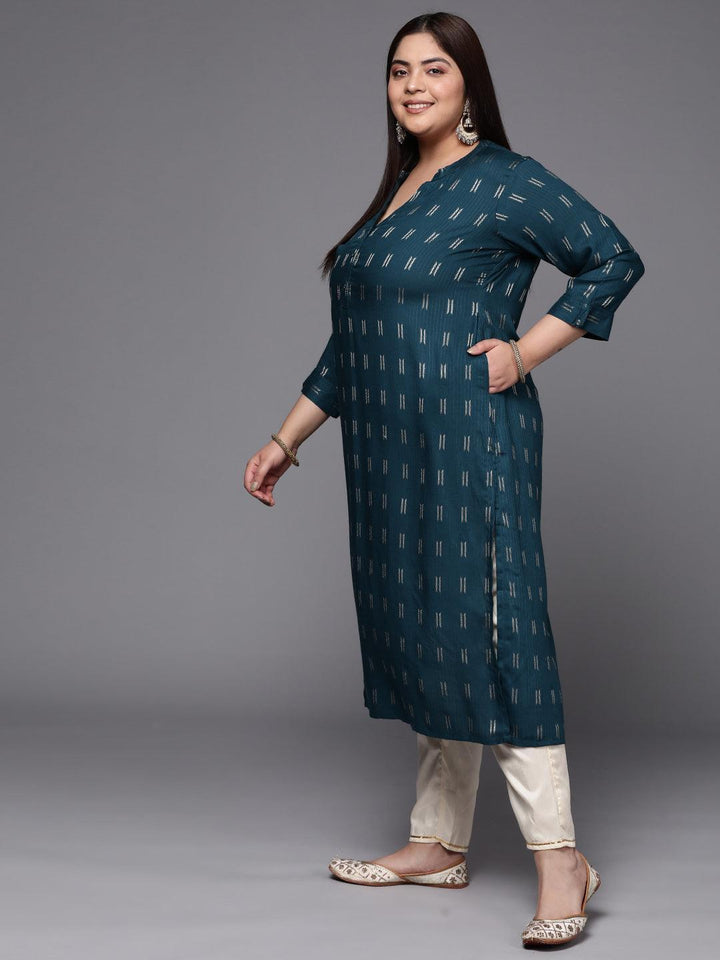 Plus Size Blue Woven Design Rayon Straight Kurta - ShopLibas