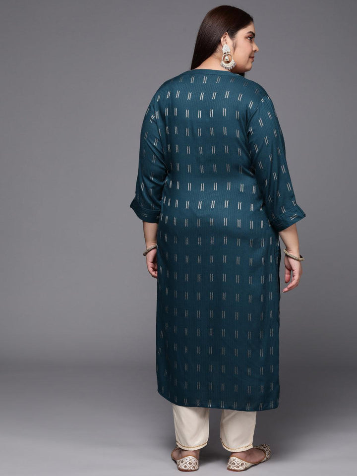 Plus Size Blue Woven Design Rayon Straight Kurta - ShopLibas