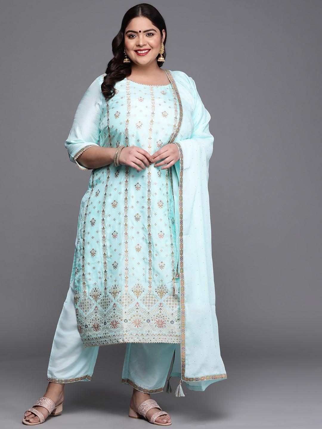 Plus Size Blue Woven Design Silk Blend Suit Set