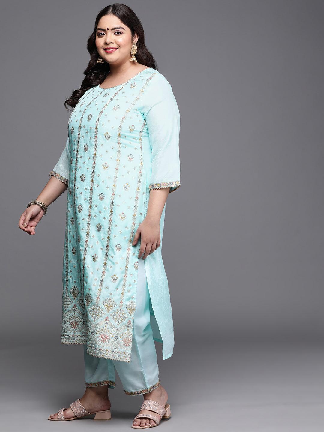 Plus Size Blue Woven Design Silk Blend Suit Set