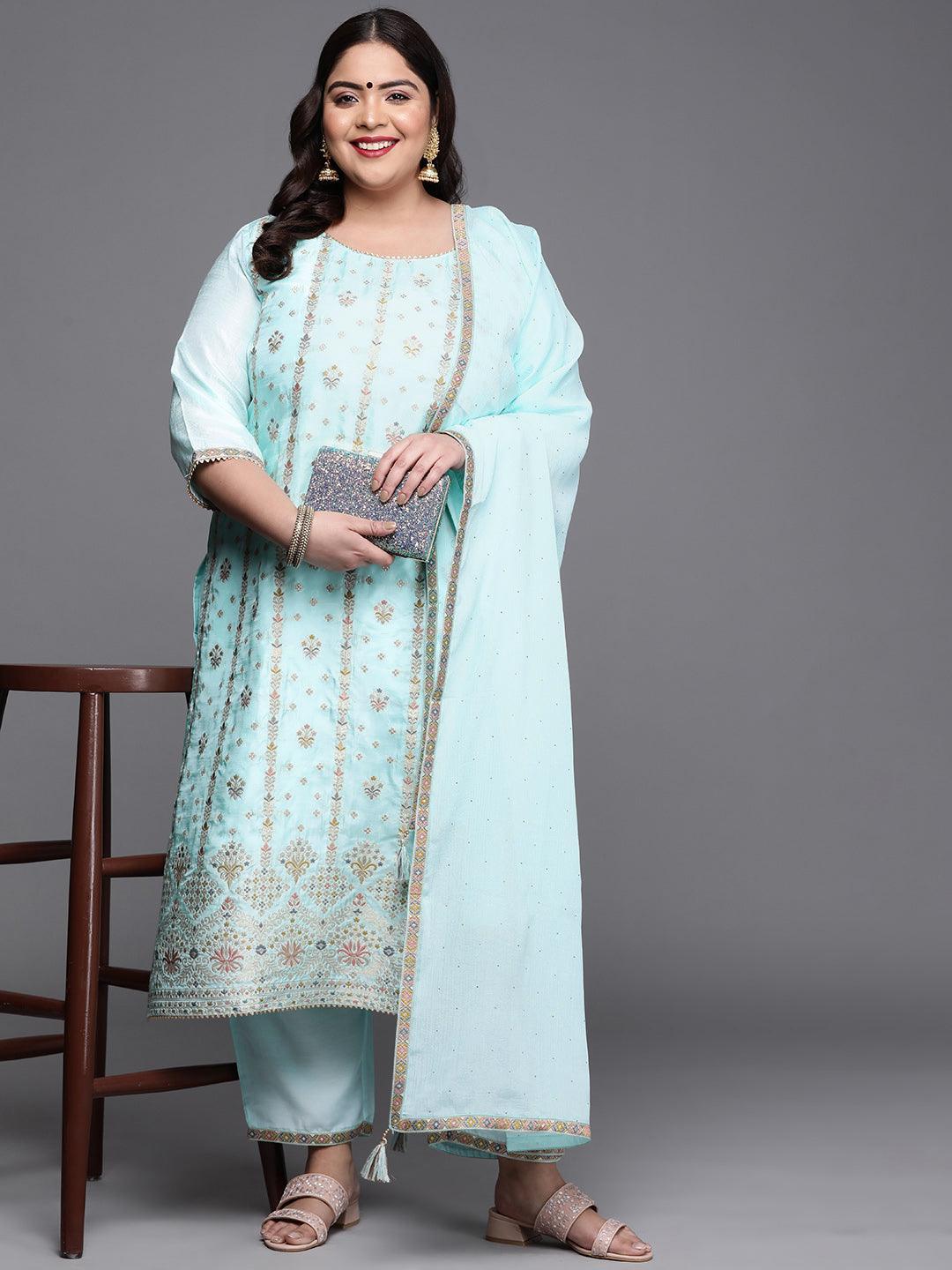 Plus Size Blue Woven Design Silk Blend Suit Set