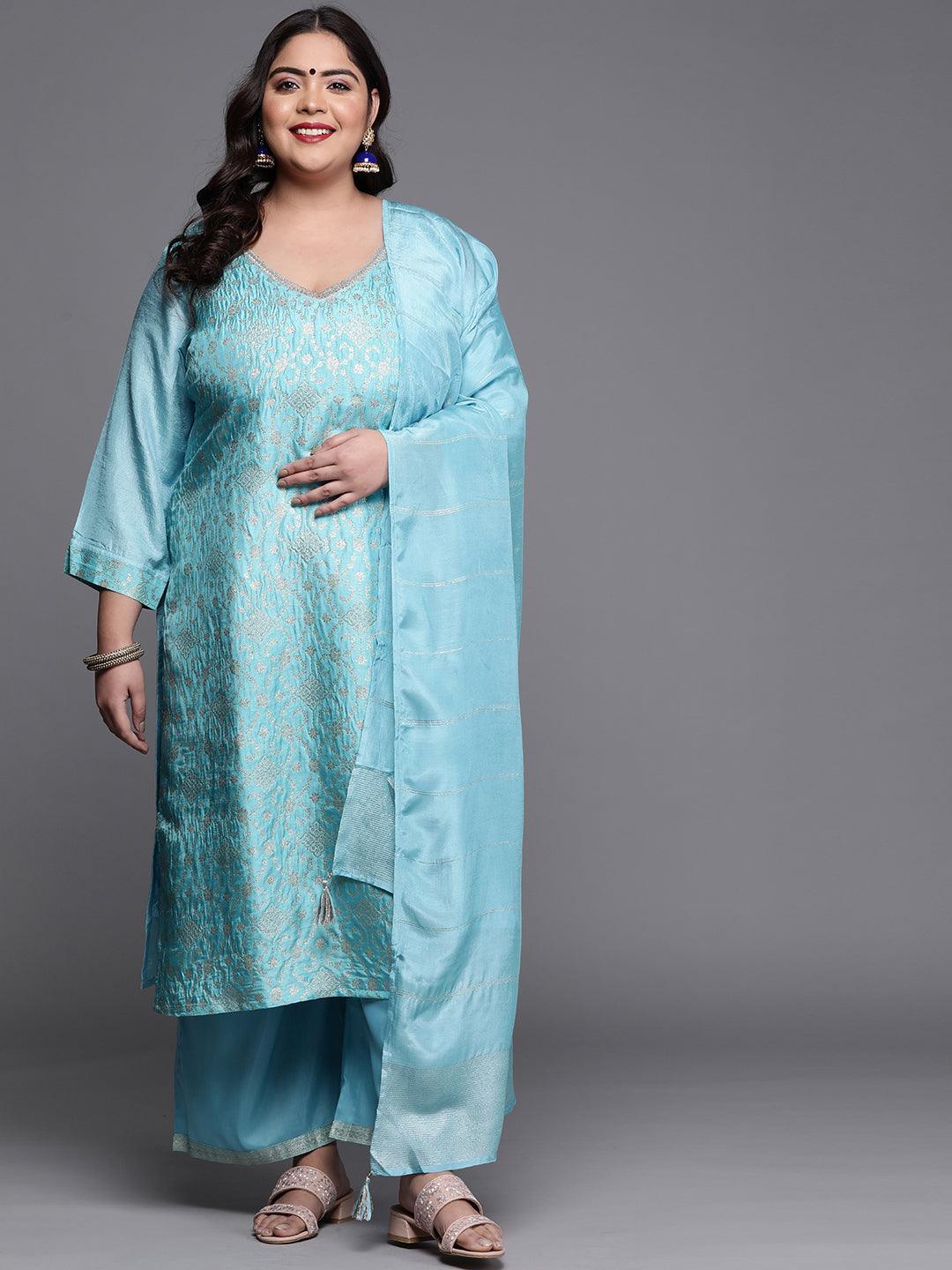 Plus Size Blue Woven Design Silk Blend Suit Set