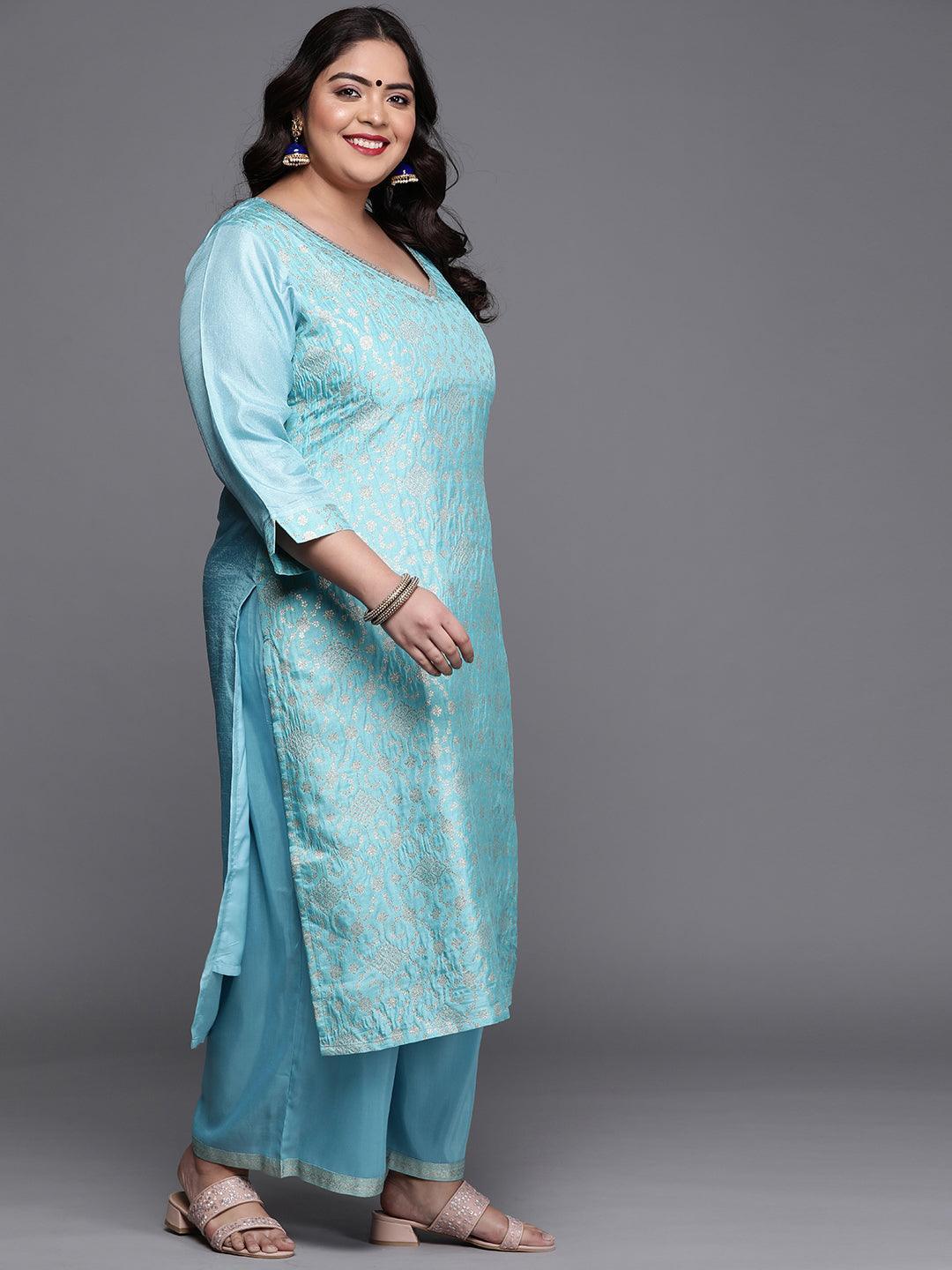 Plus Size Blue Woven Design Silk Blend Suit Set