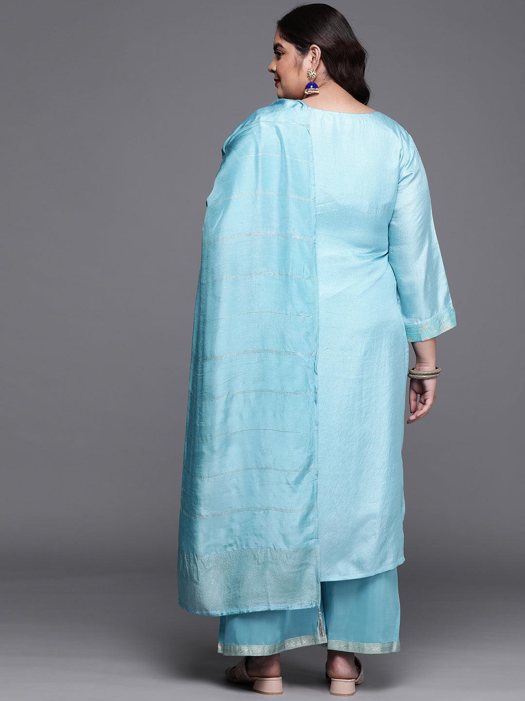 Plus Size Blue Woven Design Silk Blend Suit Set