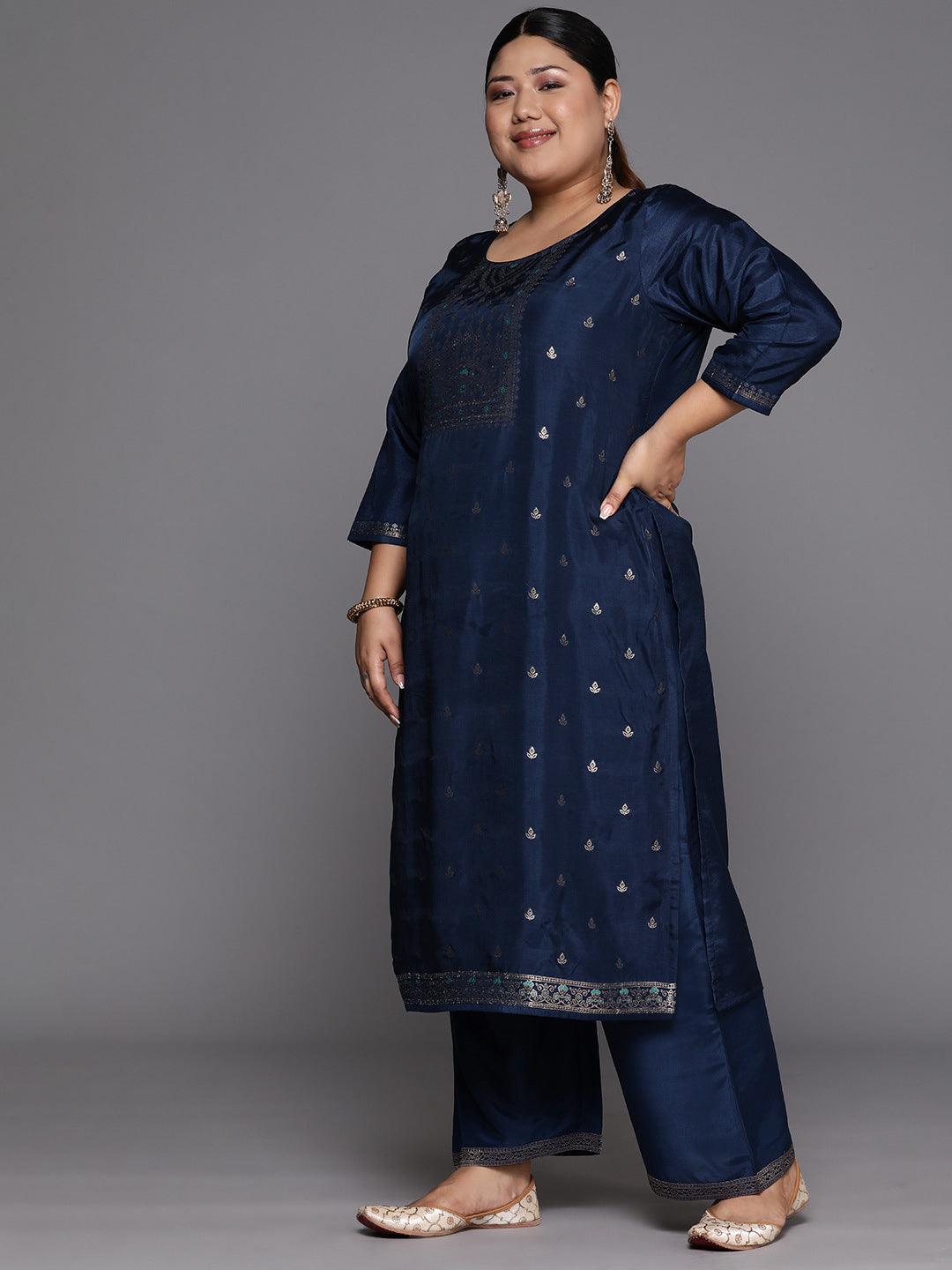 Plus Size Blue Woven Design Silk Blend Straight Kurta With Trousers & Dupatta