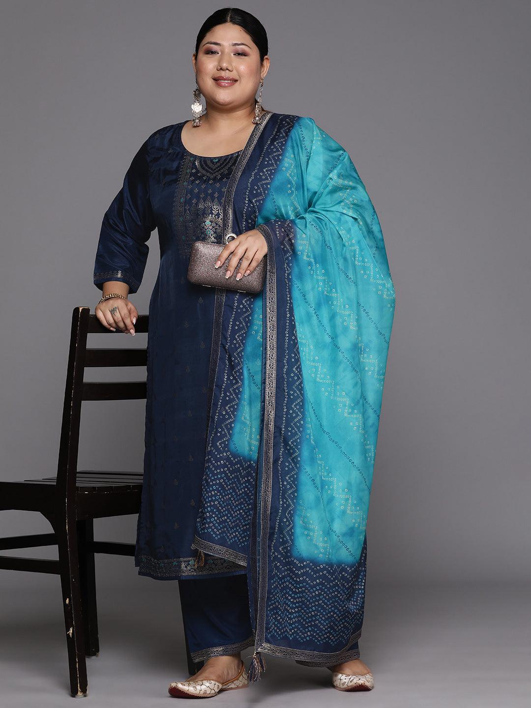 Plus Size Blue Woven Design Silk Blend Straight Kurta With Trousers & Dupatta