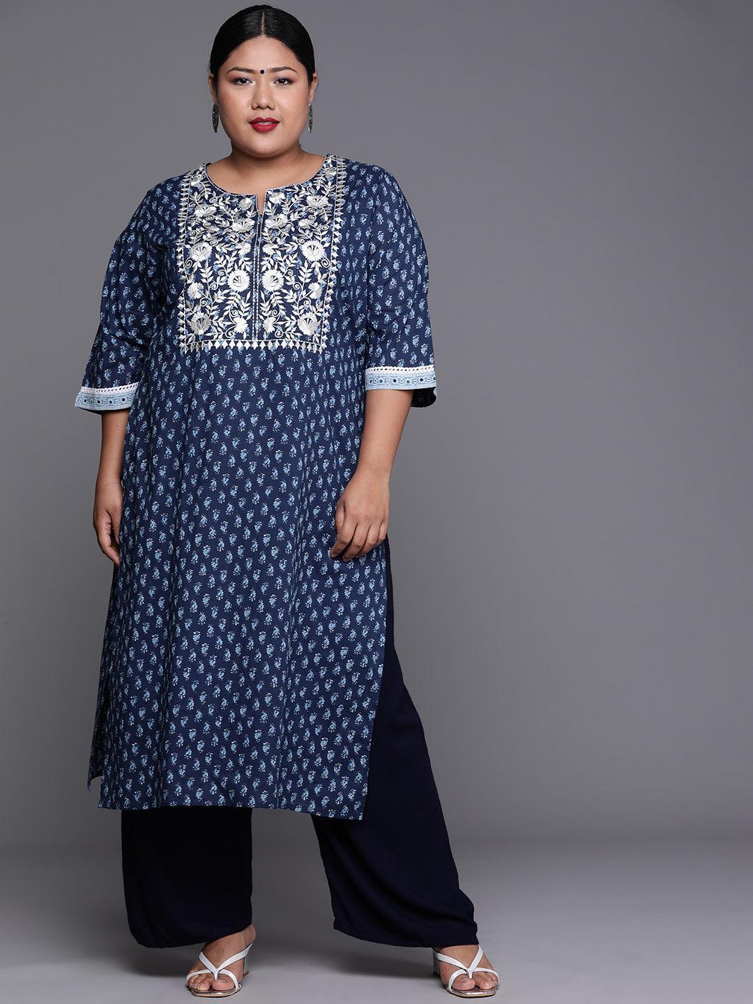 Plus Size Blue Yoke Design Cotton Kurta