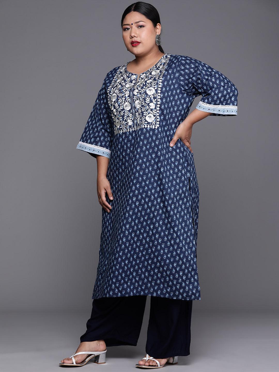 Plus Size Blue Yoke Design Cotton Kurta