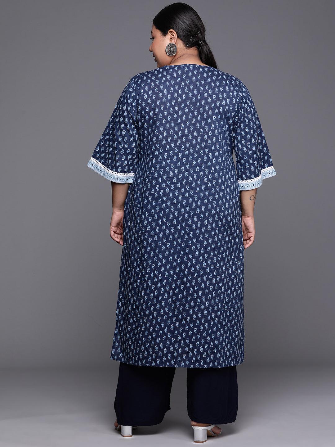 Plus Size Blue Yoke Design Cotton Kurta