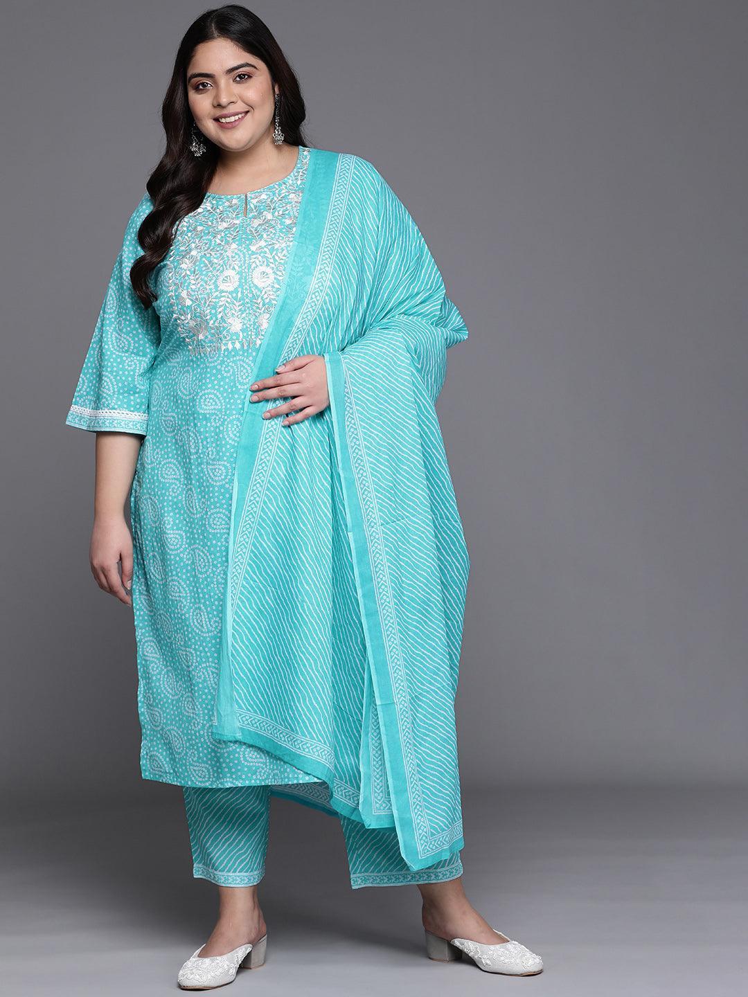 Plus Size Blue Yoke Design Cotton Straight Kurta With Dupatta