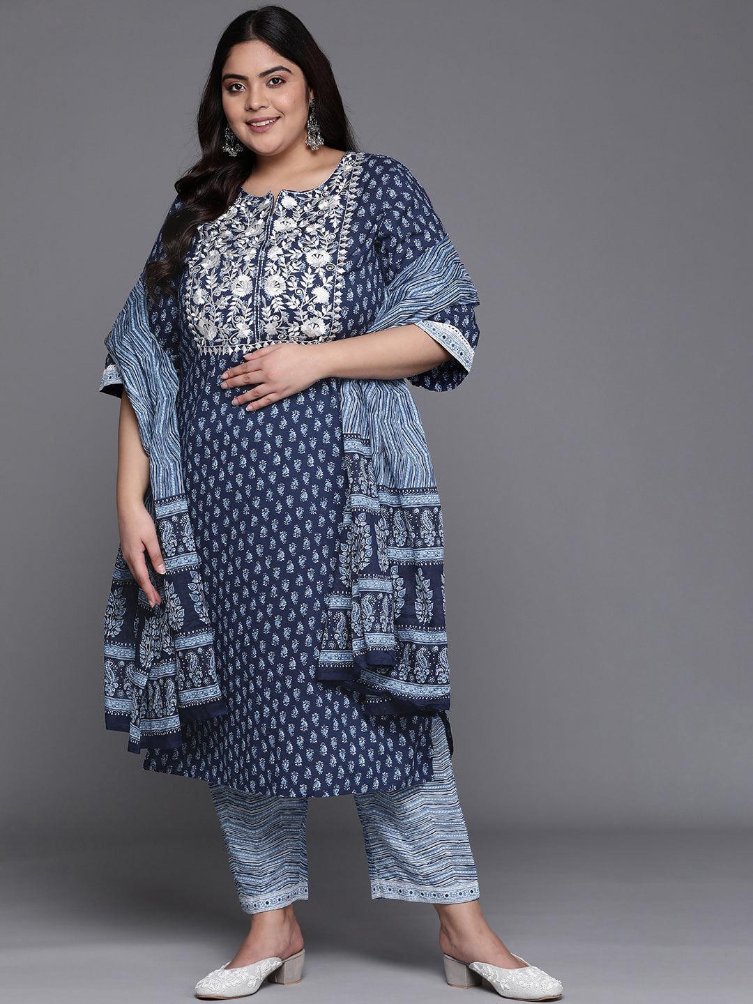 Plus Size Blue Yoke Design Cotton Straight Kurta With Dupatta