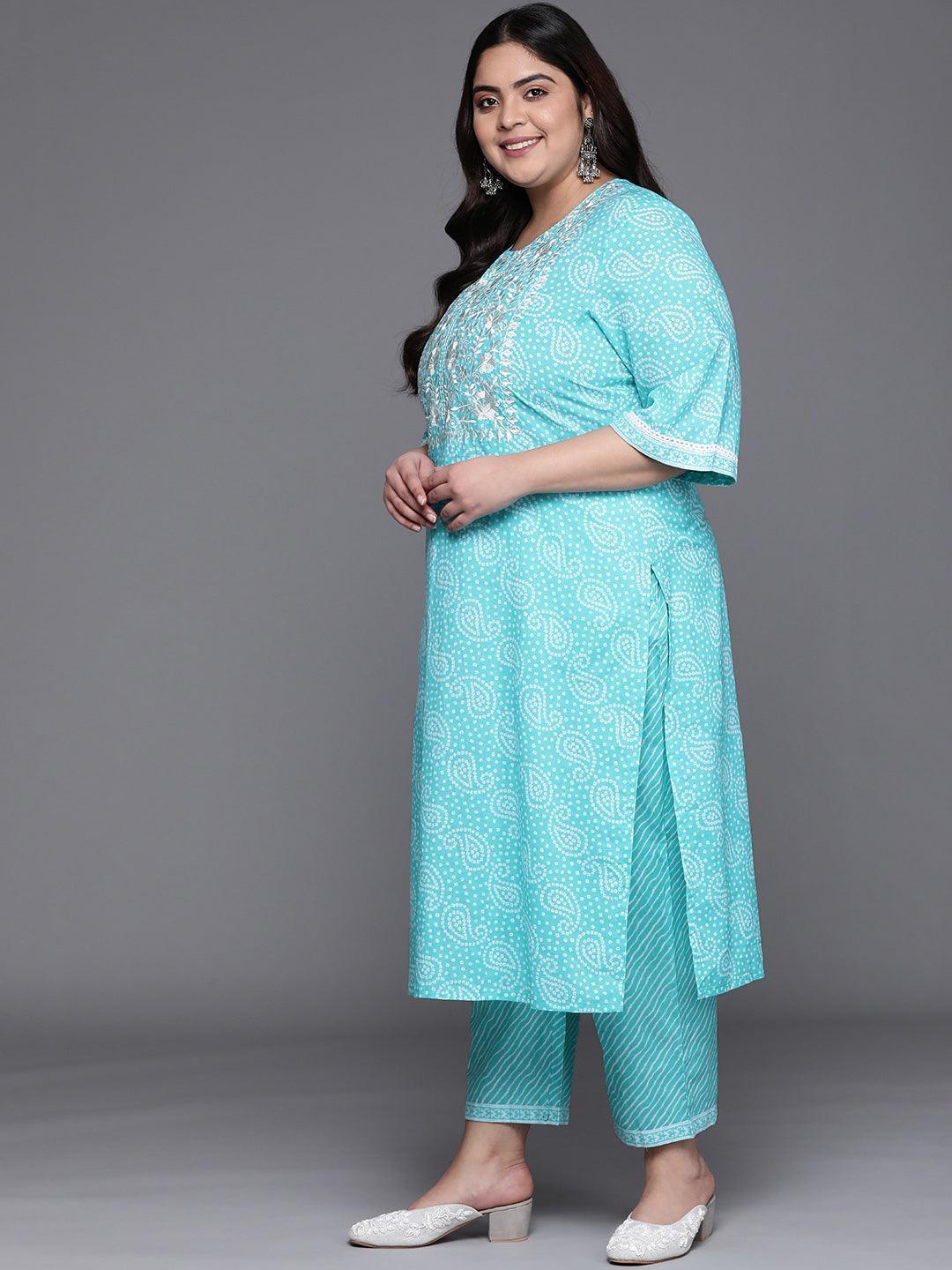 Plus Size Blue Yoke Design Cotton Straight Kurta With Dupatta