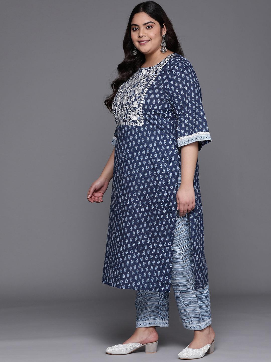 Plus Size Blue Yoke Design Cotton Straight Kurta With Dupatta