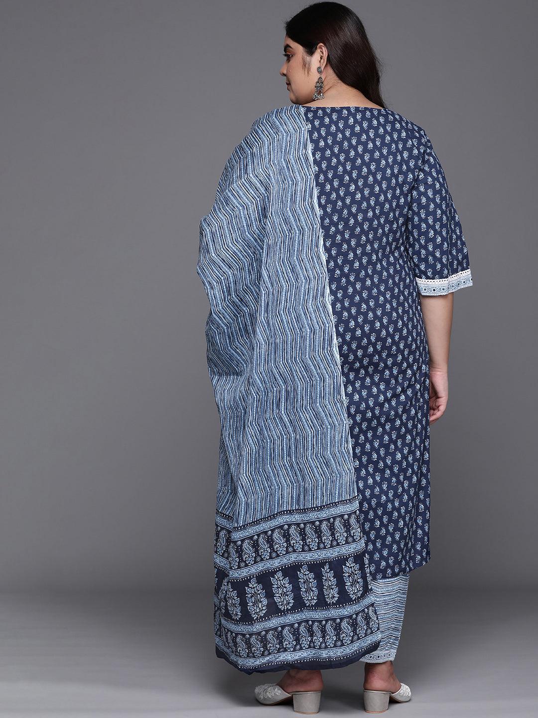 Plus Size Blue Yoke Design Cotton Straight Kurta With Dupatta