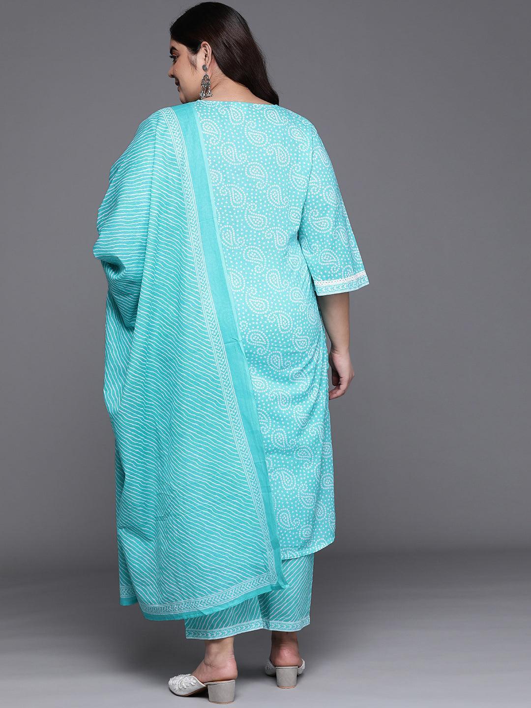 Plus Size Blue Yoke Design Cotton Straight Kurta With Dupatta