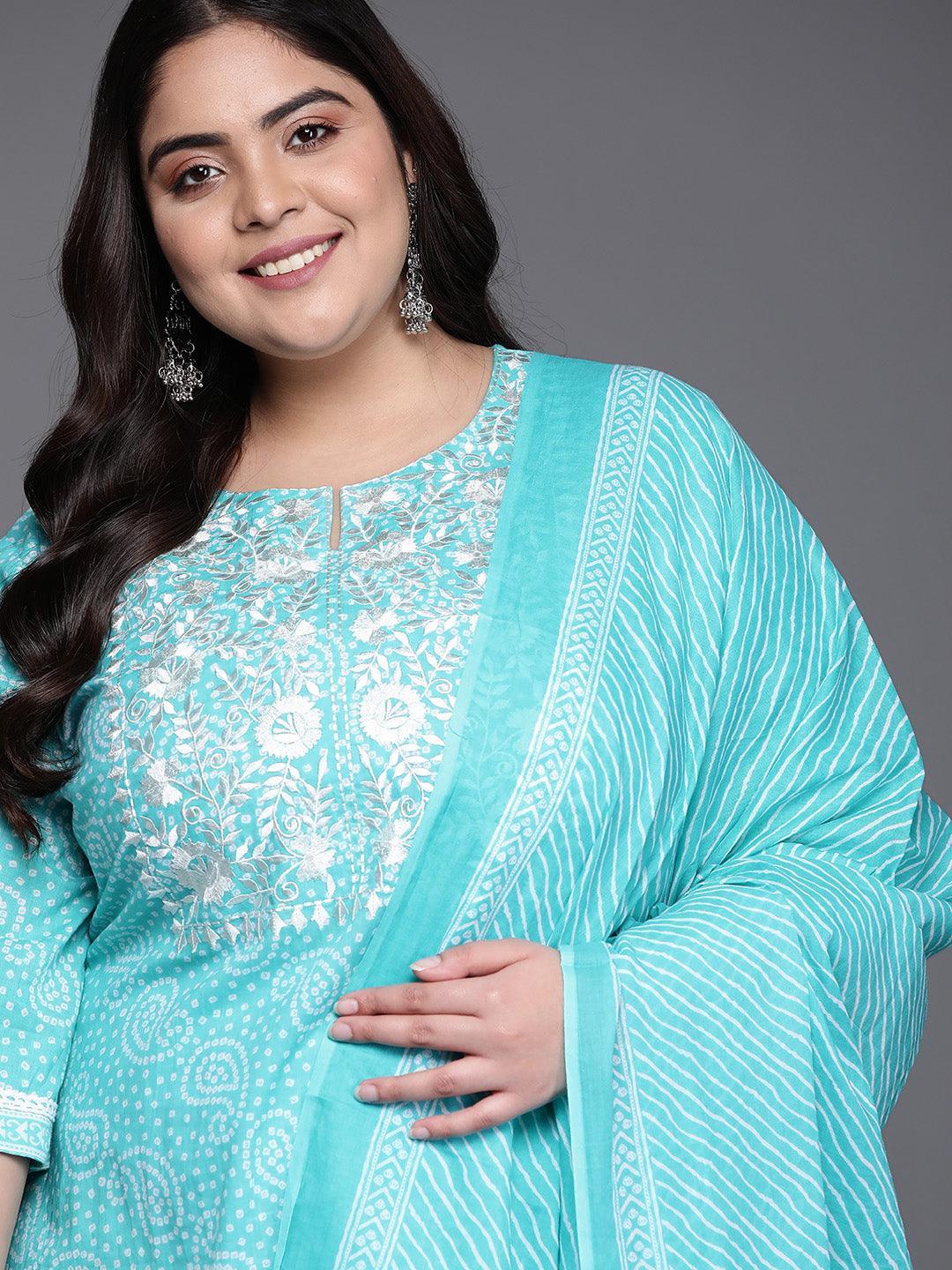 Plus Size Blue Yoke Design Cotton Straight Kurta With Dupatta