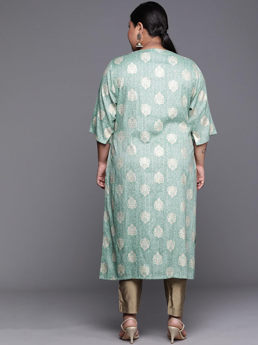 Plus Size Blue Yoke Design Rayon Kurta