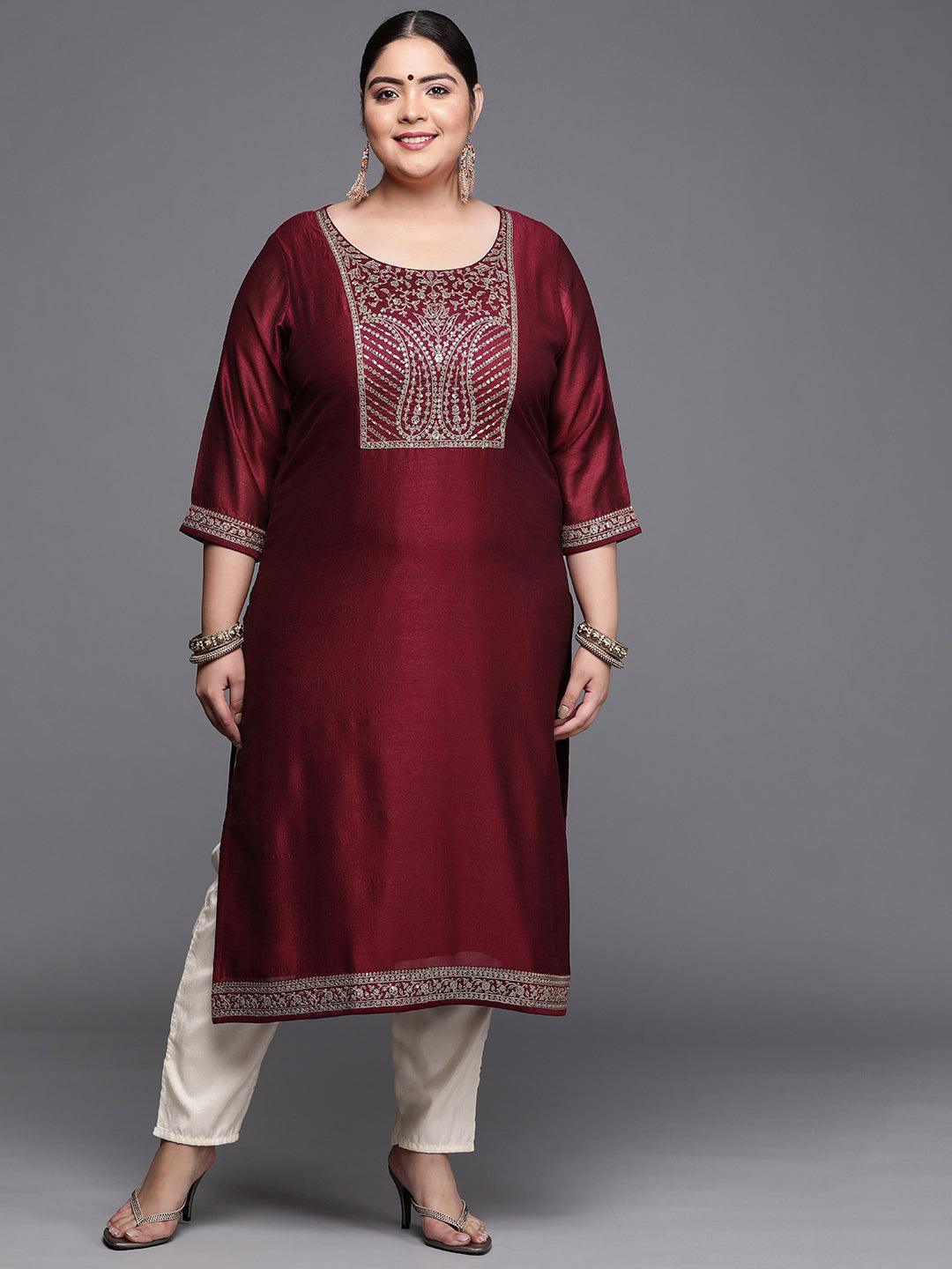 Plus Size Burgundy Yoke Design Silk Kurta