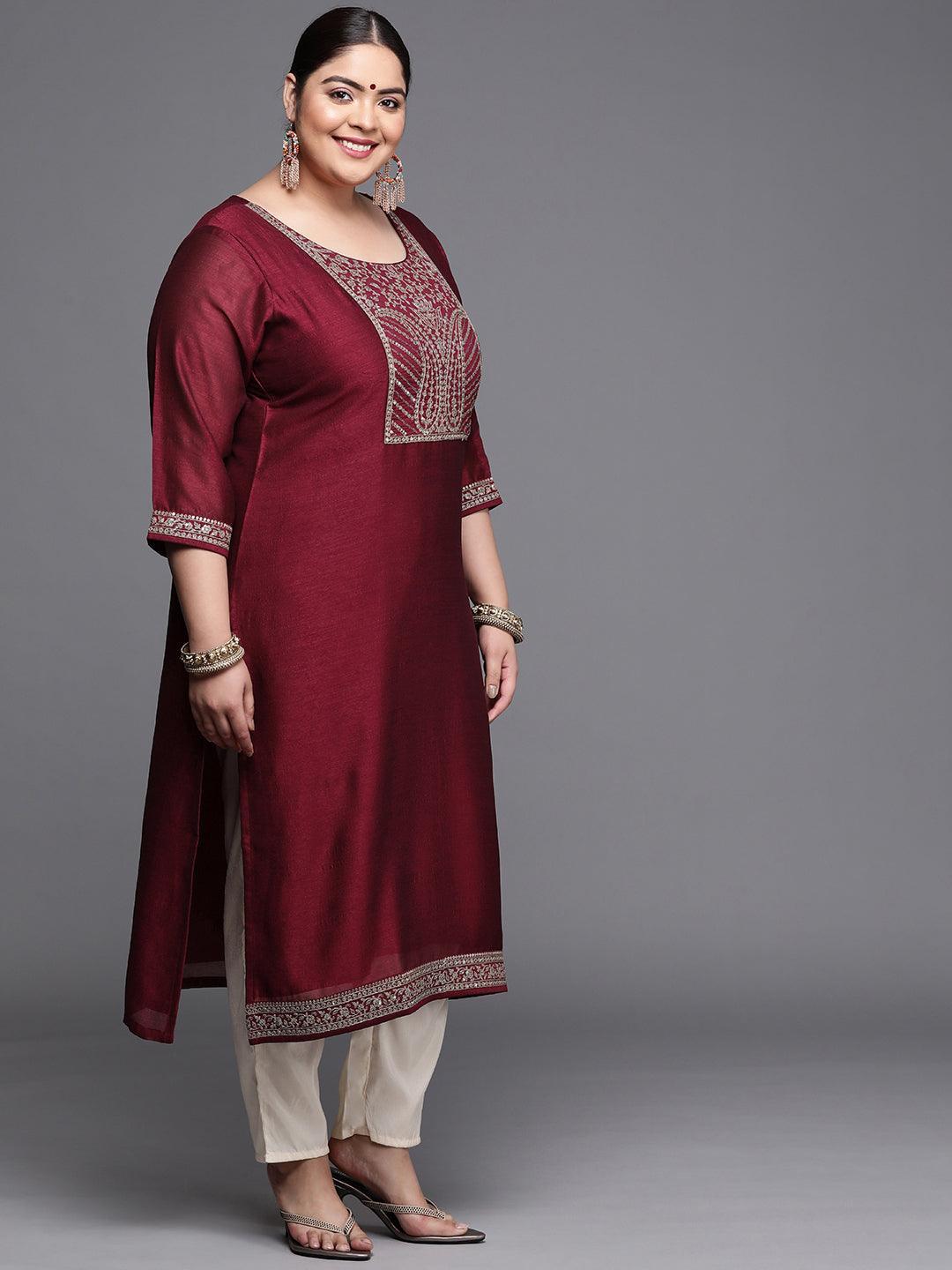 Plus Size Burgundy Yoke Design Silk Kurta