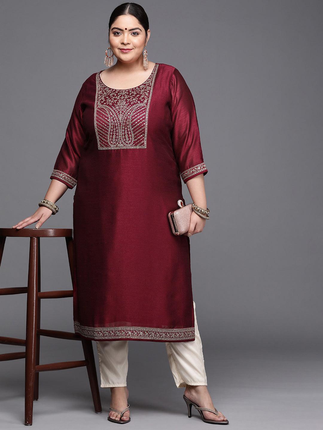 Plus Size Burgundy Yoke Design Silk Kurta