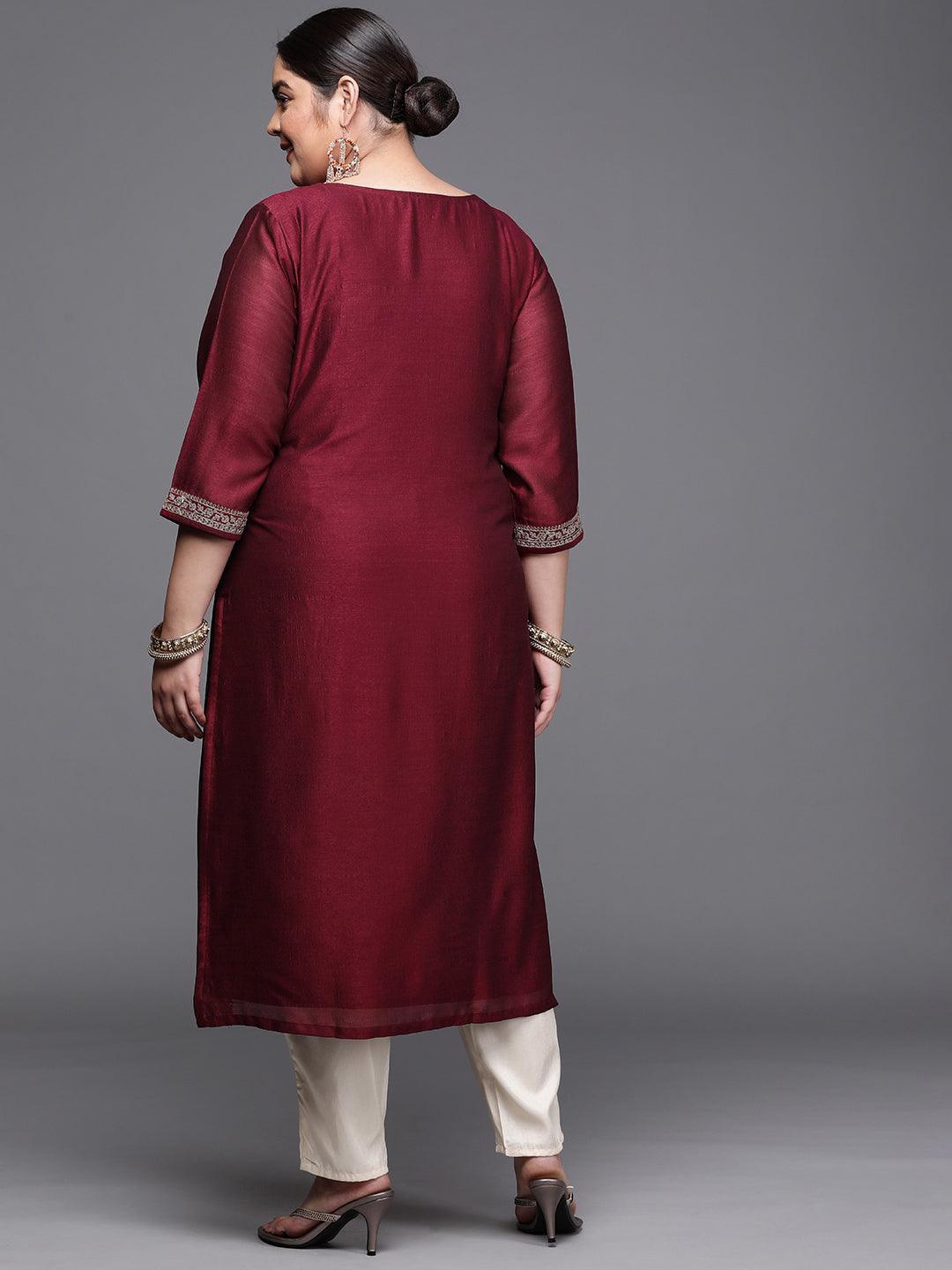 Plus Size Burgundy Yoke Design Silk Kurta