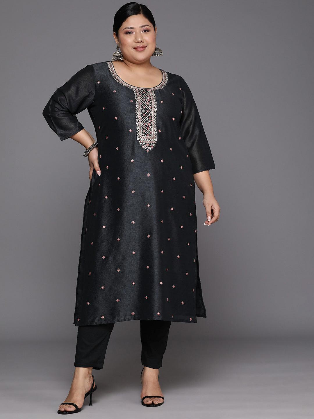 Plus Size Charcoal Embroidered Silk Straight Kurta