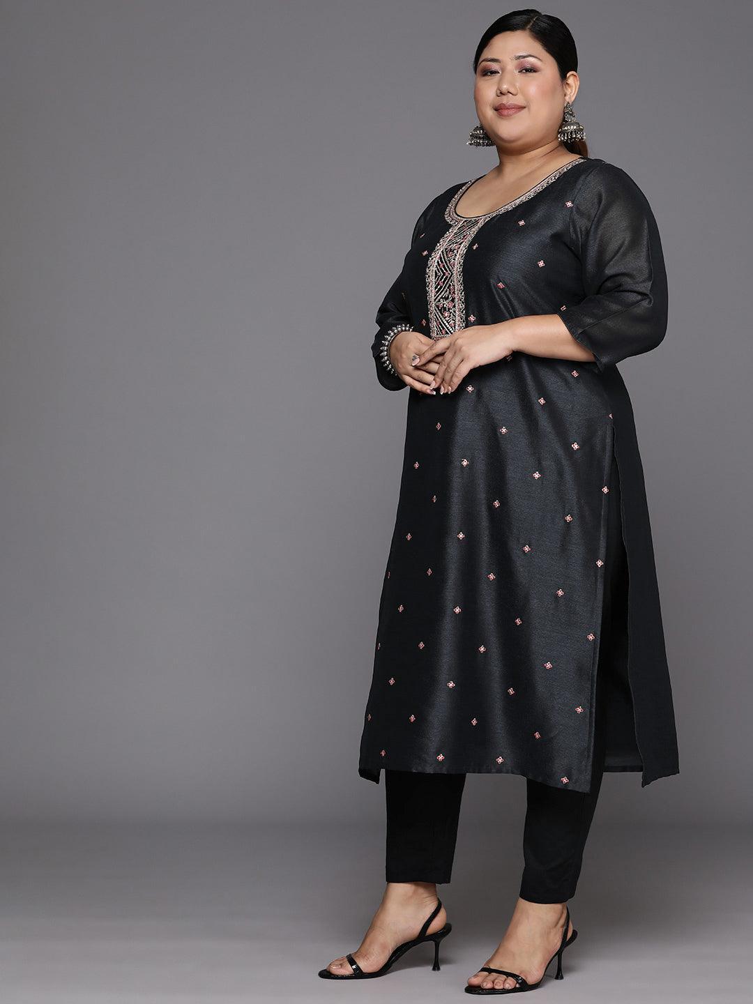 Plus Size Charcoal Embroidered Silk Straight Kurta