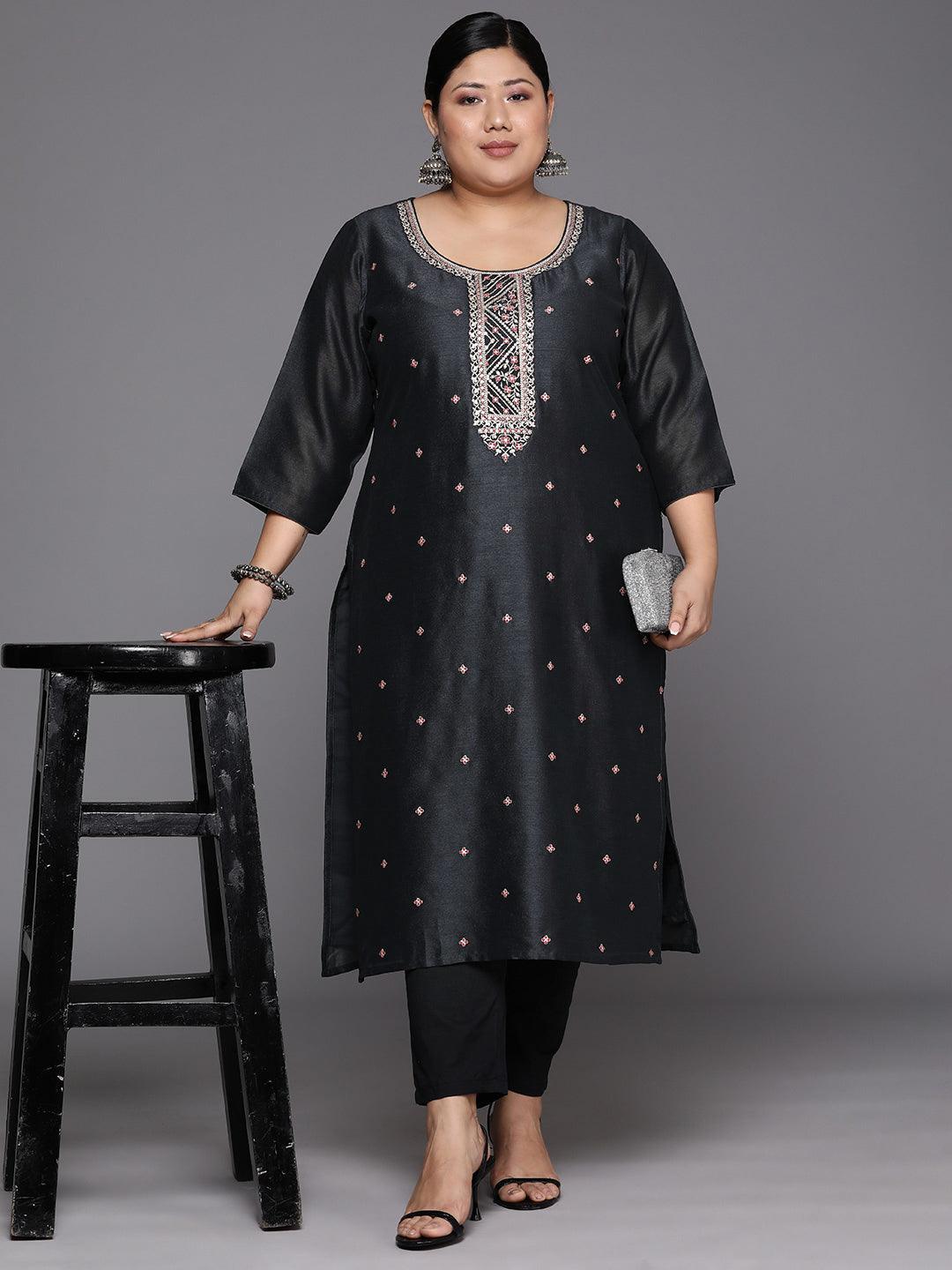 Plus Size Charcoal Embroidered Silk Straight Kurta