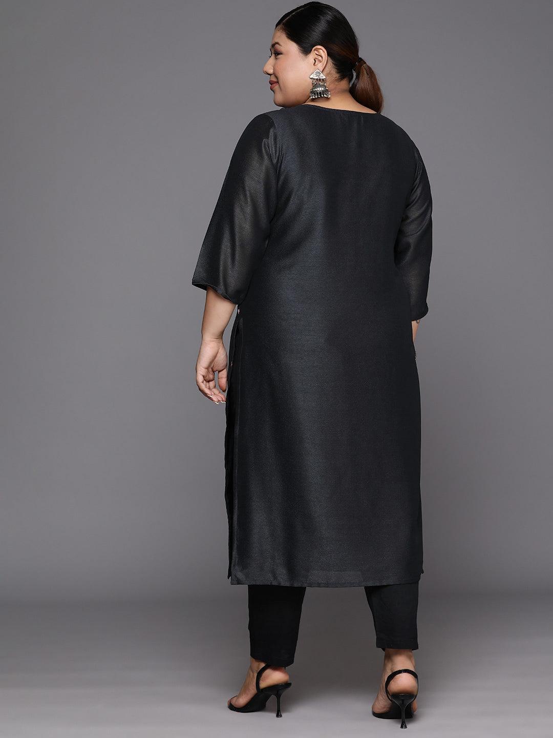 Plus Size Charcoal Embroidered Silk Straight Kurta