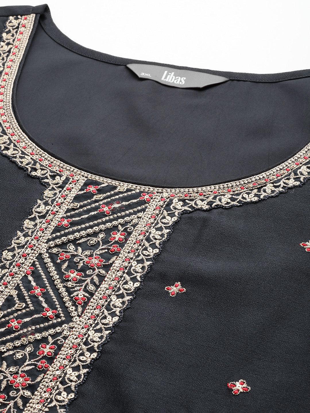 Plus Size Charcoal Embroidered Silk Straight Kurta