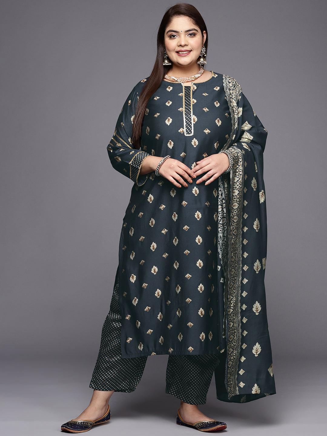 Plus Size Charcoal Printed Silk Blend Straight Suit Set