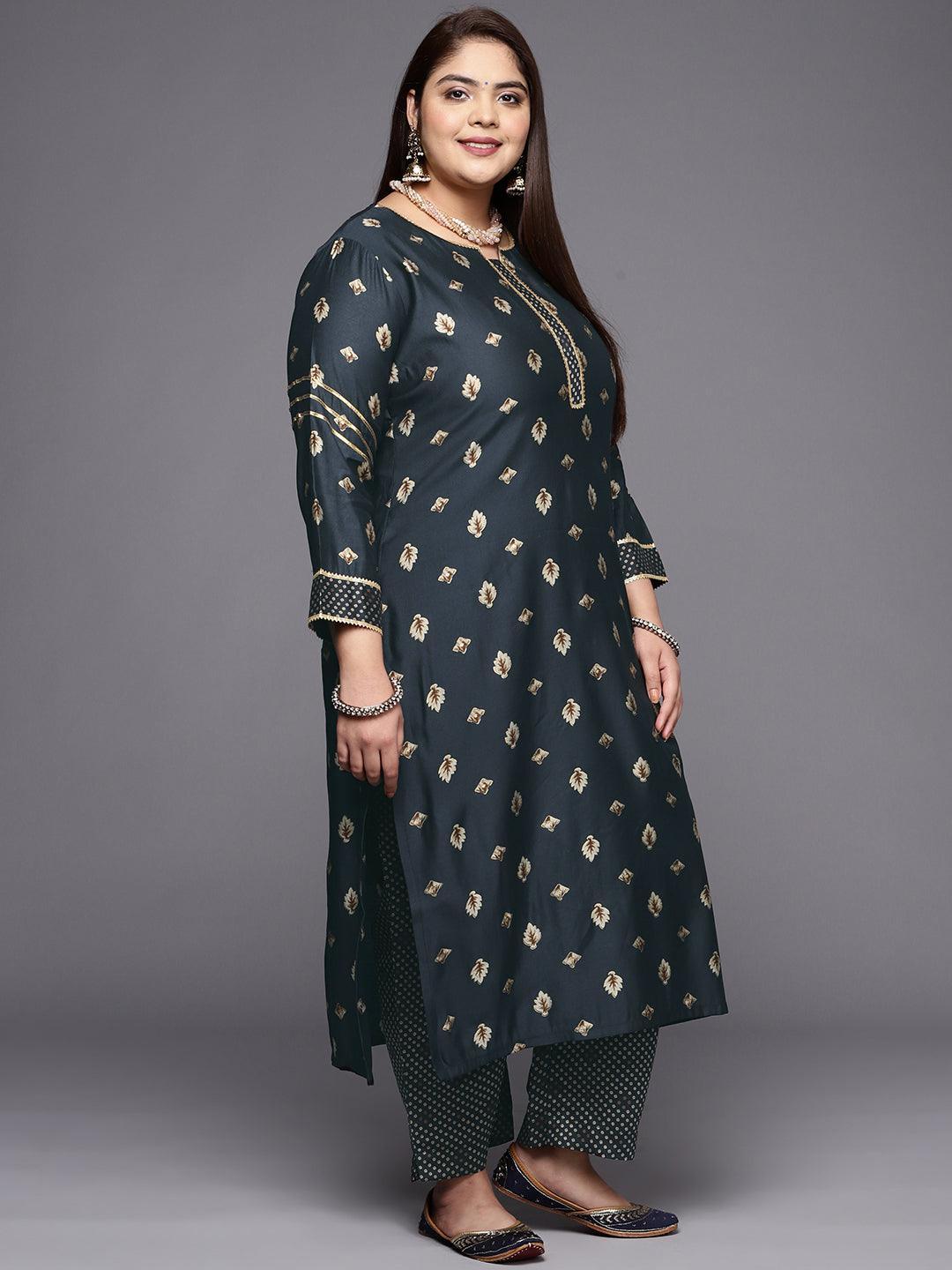 Plus Size Charcoal Printed Silk Blend Straight Suit Set