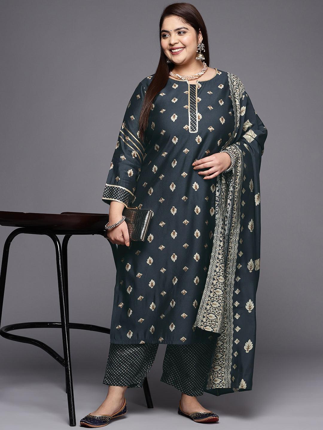 Plus Size Charcoal Printed Silk Blend Straight Suit Set