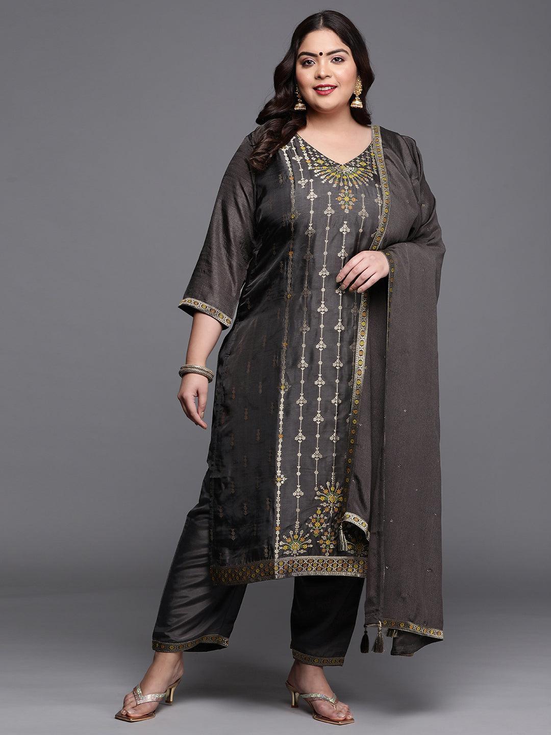 Plus Size Charcoal Self Design Silk Blend Suit Set