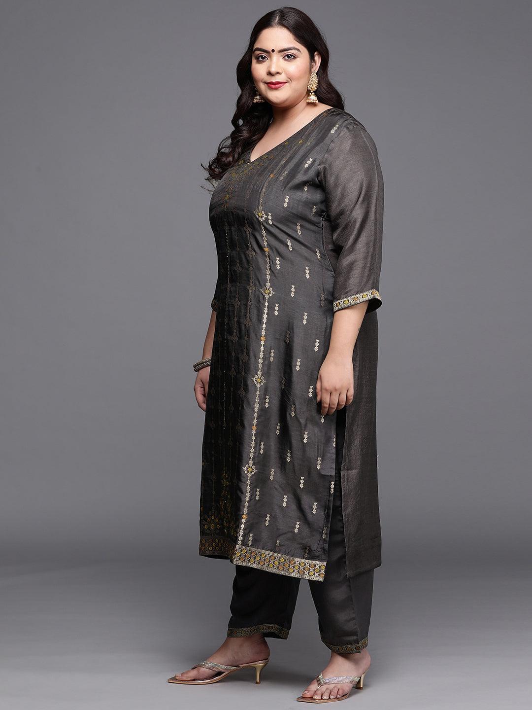 Plus Size Charcoal Self Design Silk Blend Suit Set