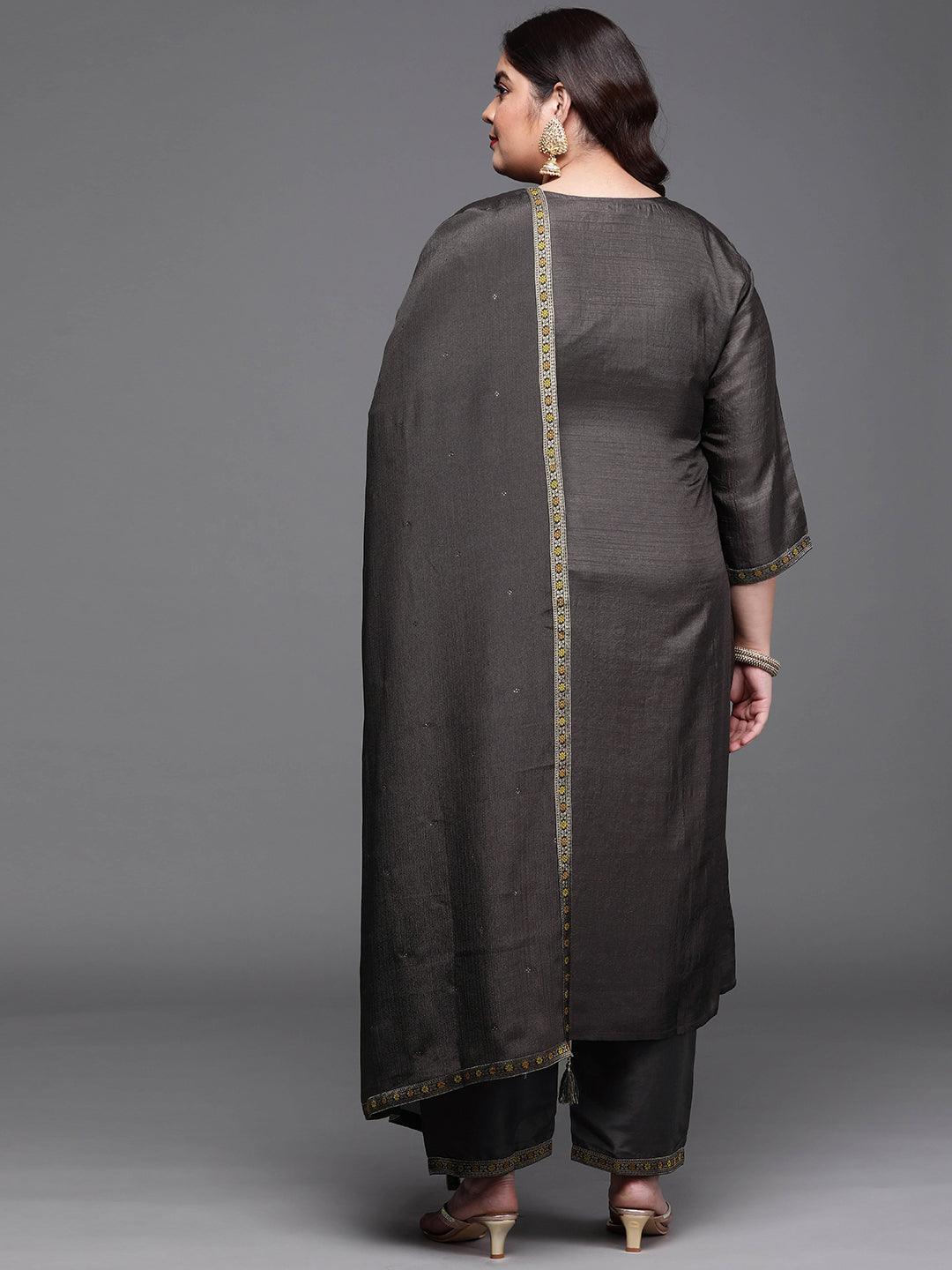 Plus Size Charcoal Self Design Silk Blend Suit Set