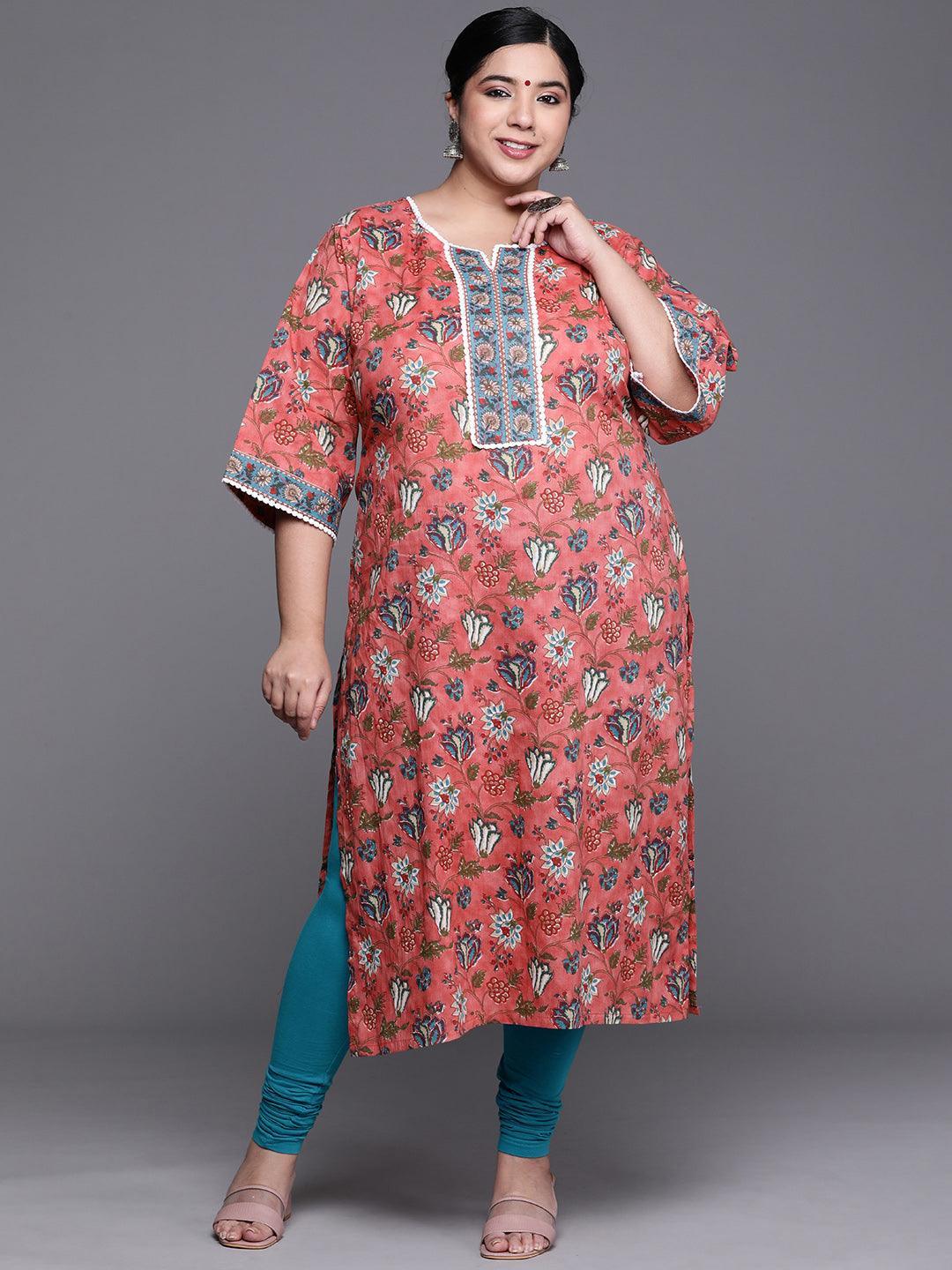 Plus Size Coral Printed Cotton Kurta